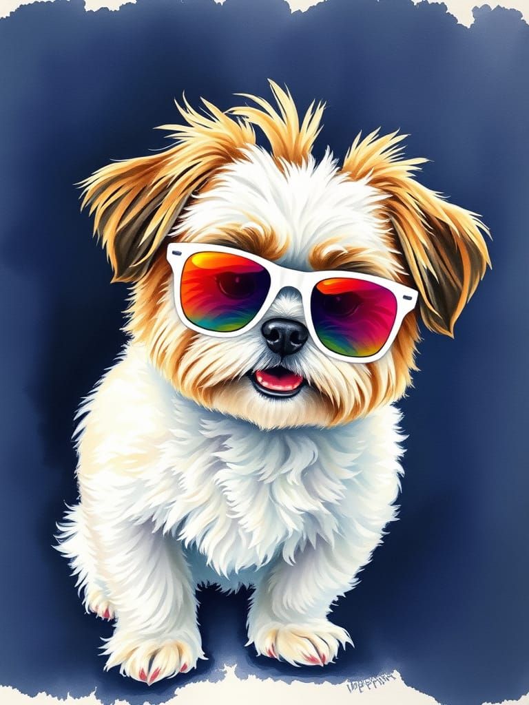 Vibrant Watercolor Shih Tzu in Sunglasses Against Dark Backg...