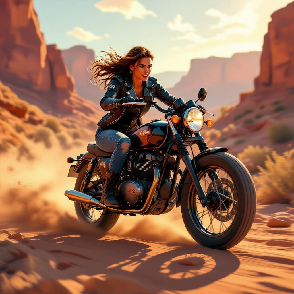 Biker Soars Over Desert River Canyon in Golden Hour