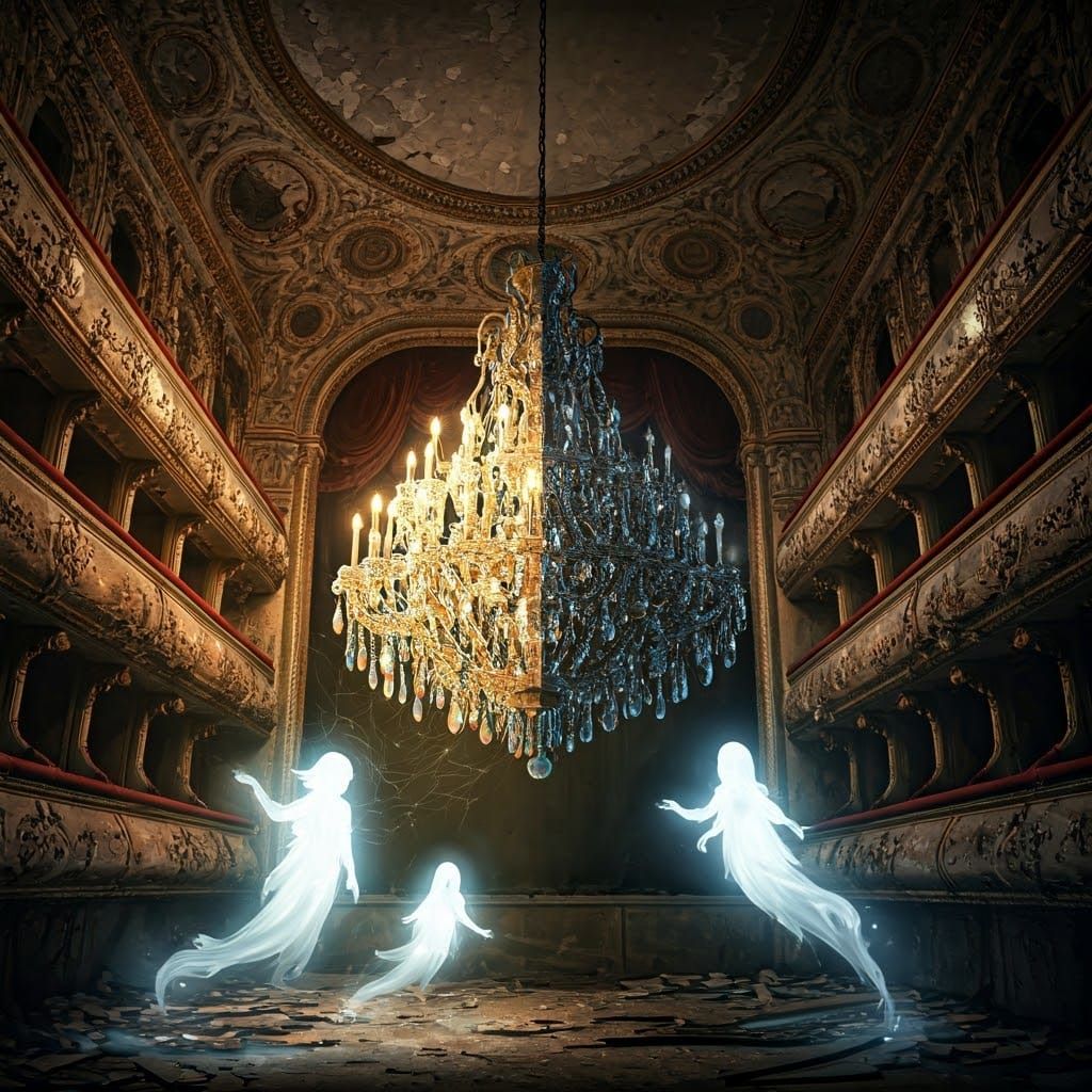 Ornate Chandelier Illuminates Decayed Baroque Theater