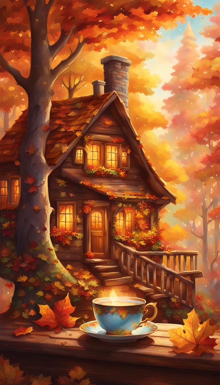 Cozy Autumn Cabin in Teacup: Hyperrealistic Concept Art