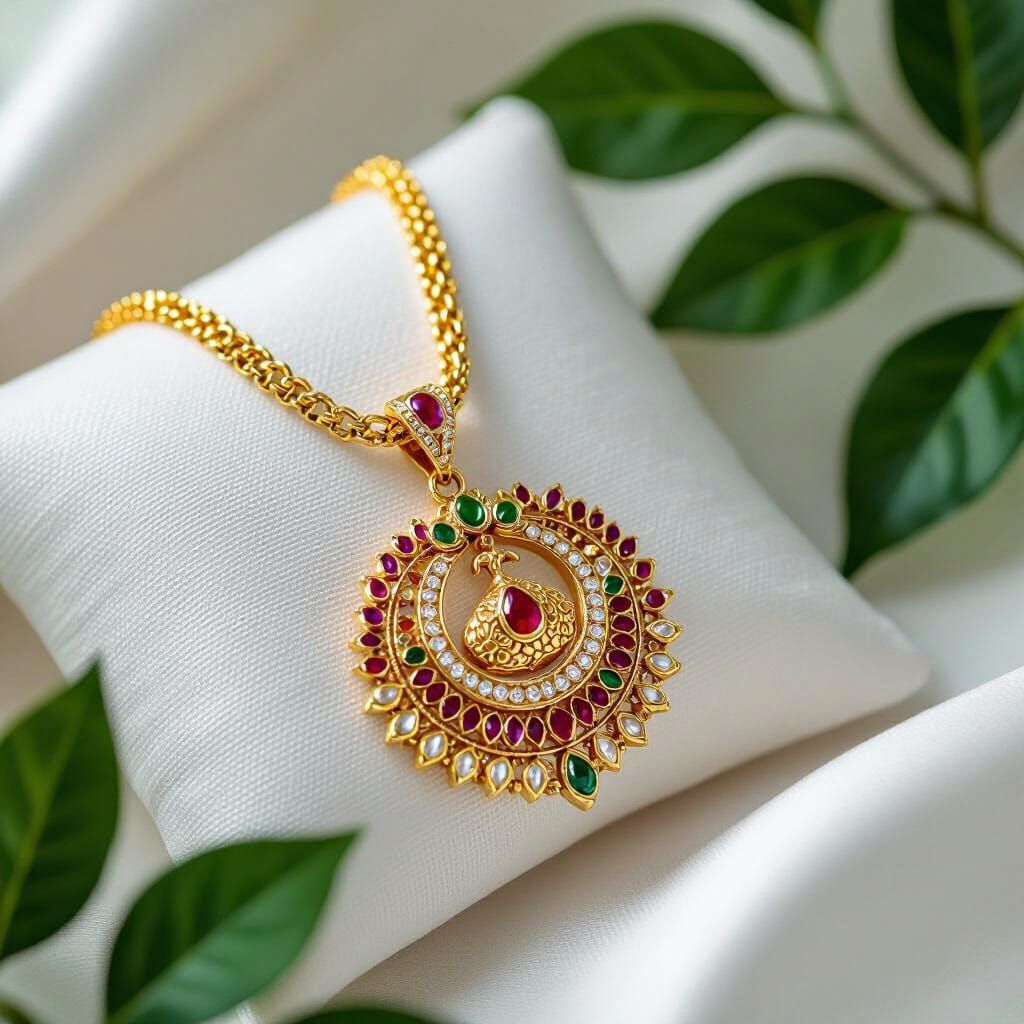 Elegant Gold Peacock Pendant Necklace on White Cushion