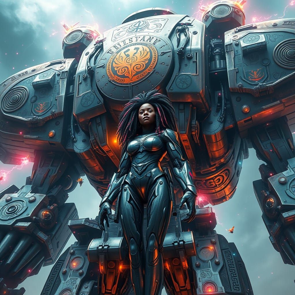 Heroic Afro Woman Masterminds Towering Robot with Ancient Sy...