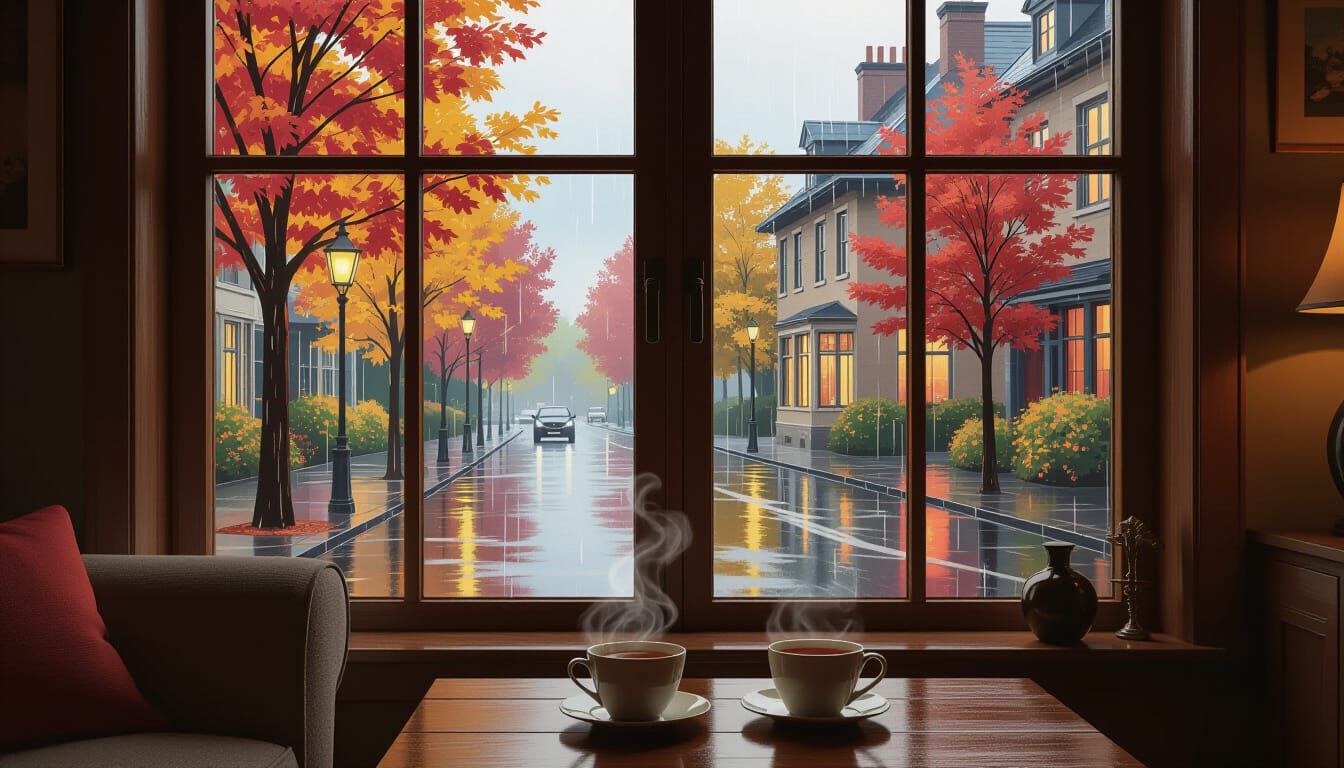 Cozy Rainy Autumn Living Room with Monet-Inspired Ambiance