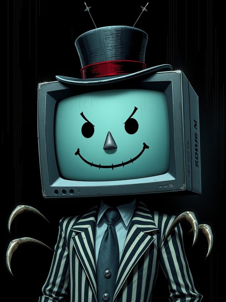 Dark Fantasy Computer Monitor Humanoid in Striped Suit