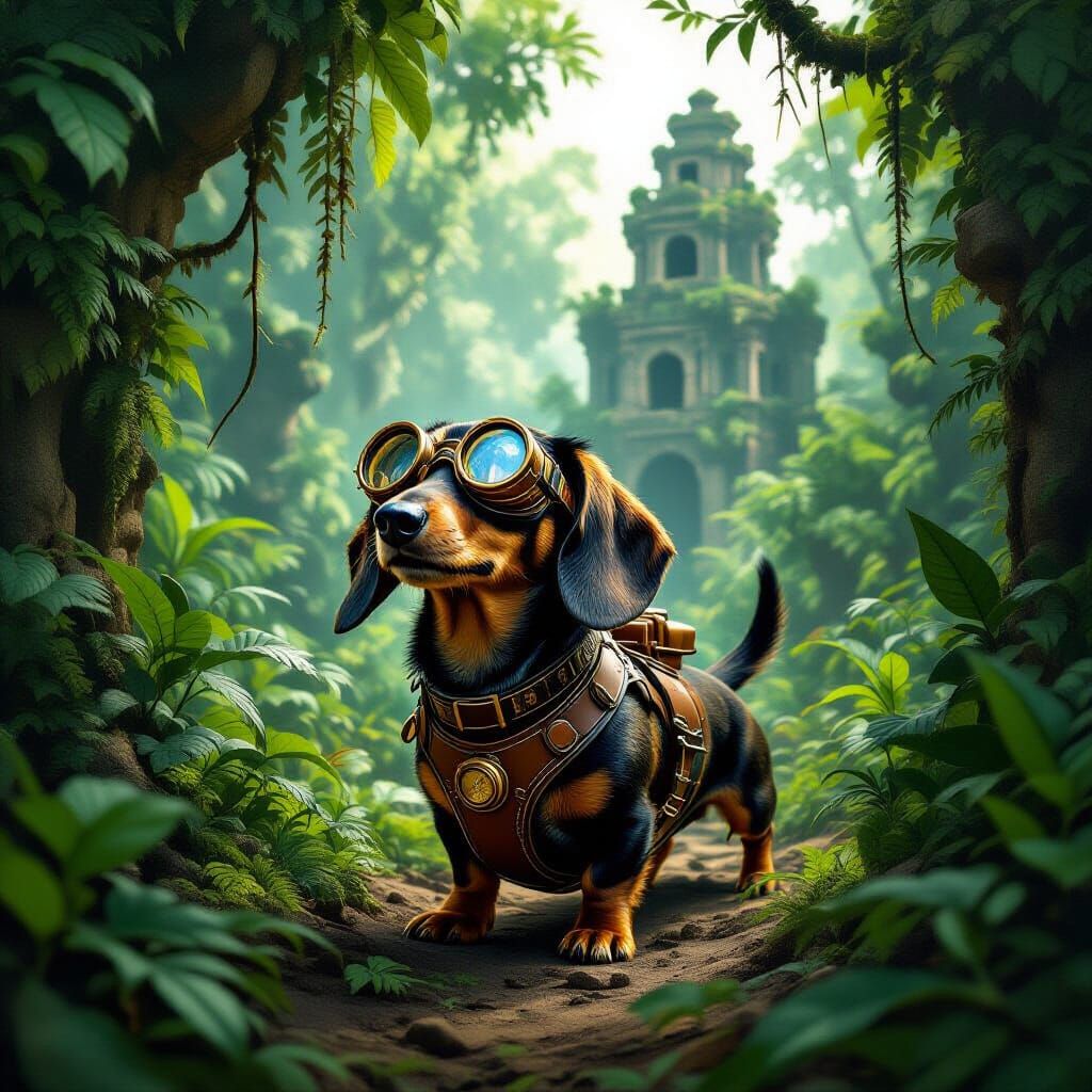 Steampunk Dachshund Explorer in Jungle Ruins