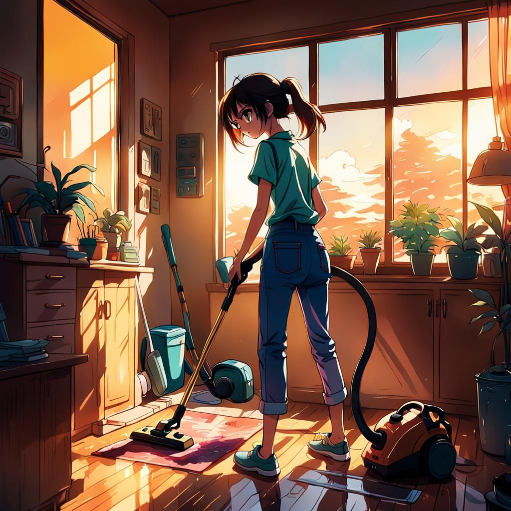Anime Girl Vacuuming in Studio Trigger Style