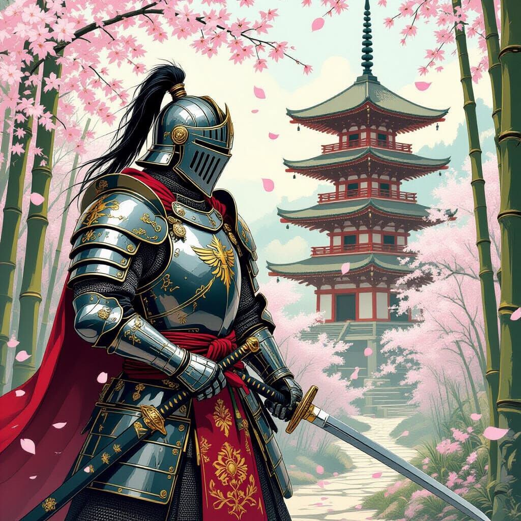 Knight with Katana at Pagoda: Art Nouveau Style