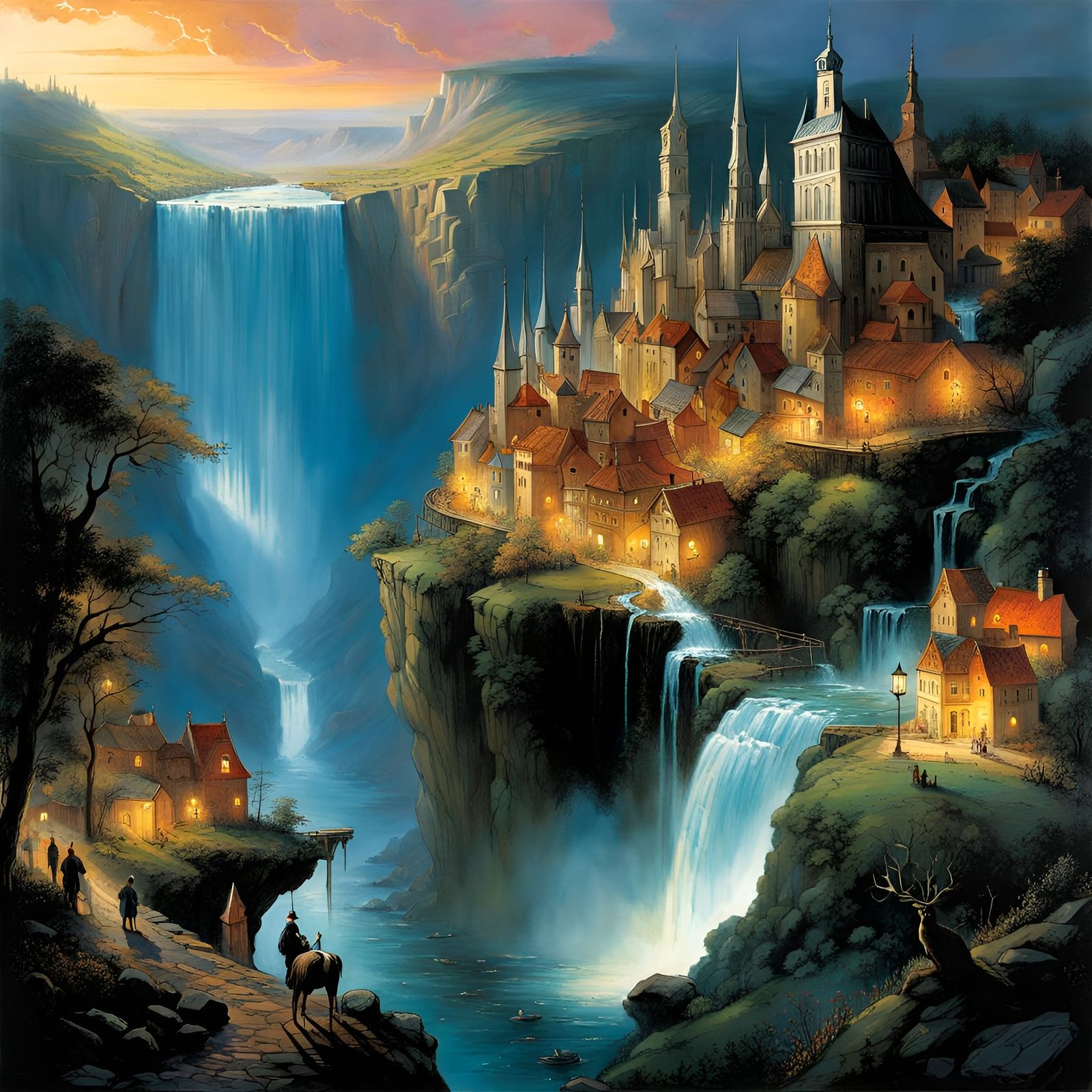 Glowing Waterfall City in Fantasy Landscape