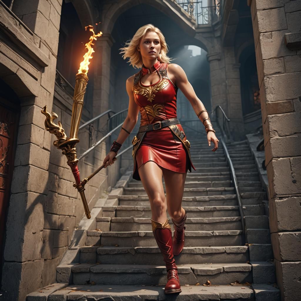 Swedish Athlete Ascending Staircase with Olympic Torch