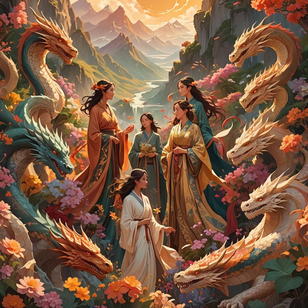 Fantasy Women and Dragons in Flower Landscape
