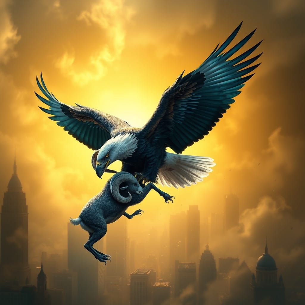 Majestic Eagles Soar with Rams in a Futuristic Cityscape