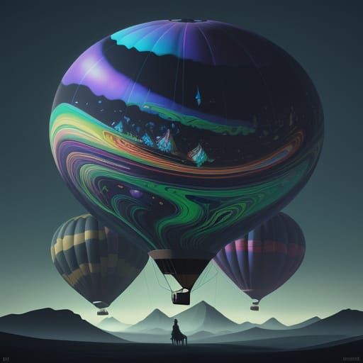 Psychedelic Supervillain Balloon Floats in Surreal Landscape