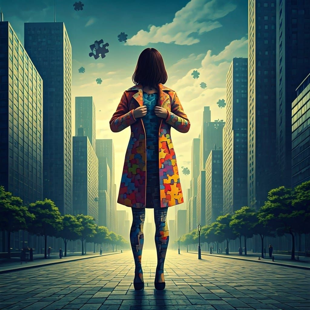 Surrealist Puzzle Woman in Hyper-Realistic Cityscape