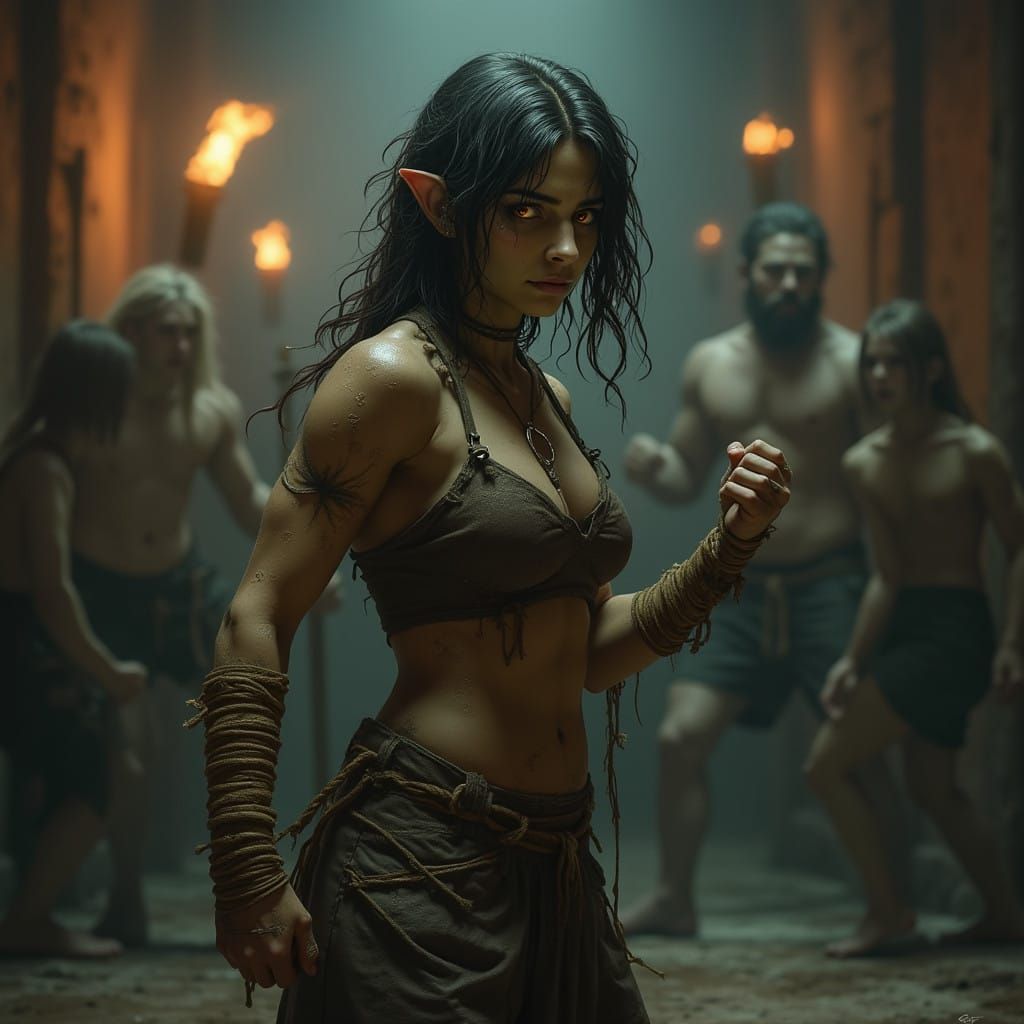 Battle-Hardened Half-Orc Brawler in Noir-Inspired Digital Pa...