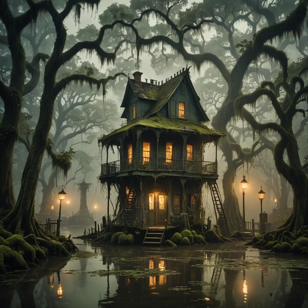 Mystical Witch's Shack in Louisiana Bayou at Twilight