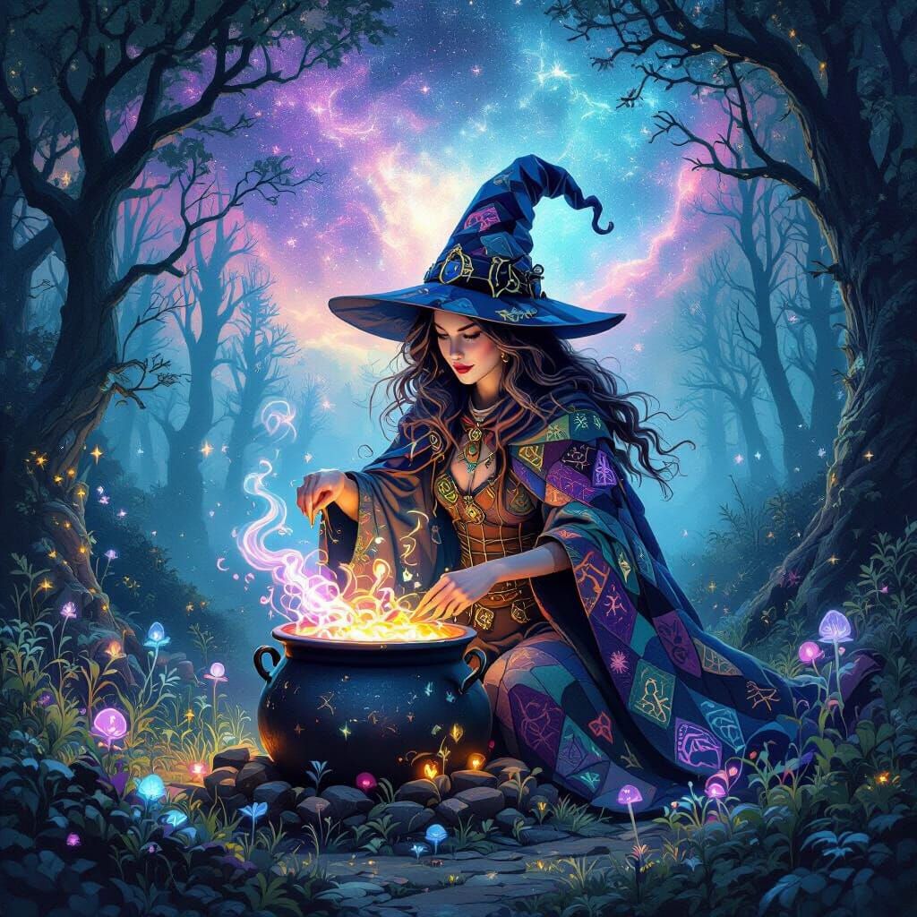 Whimsical Witch Brews Potions Under Nebula Sky
