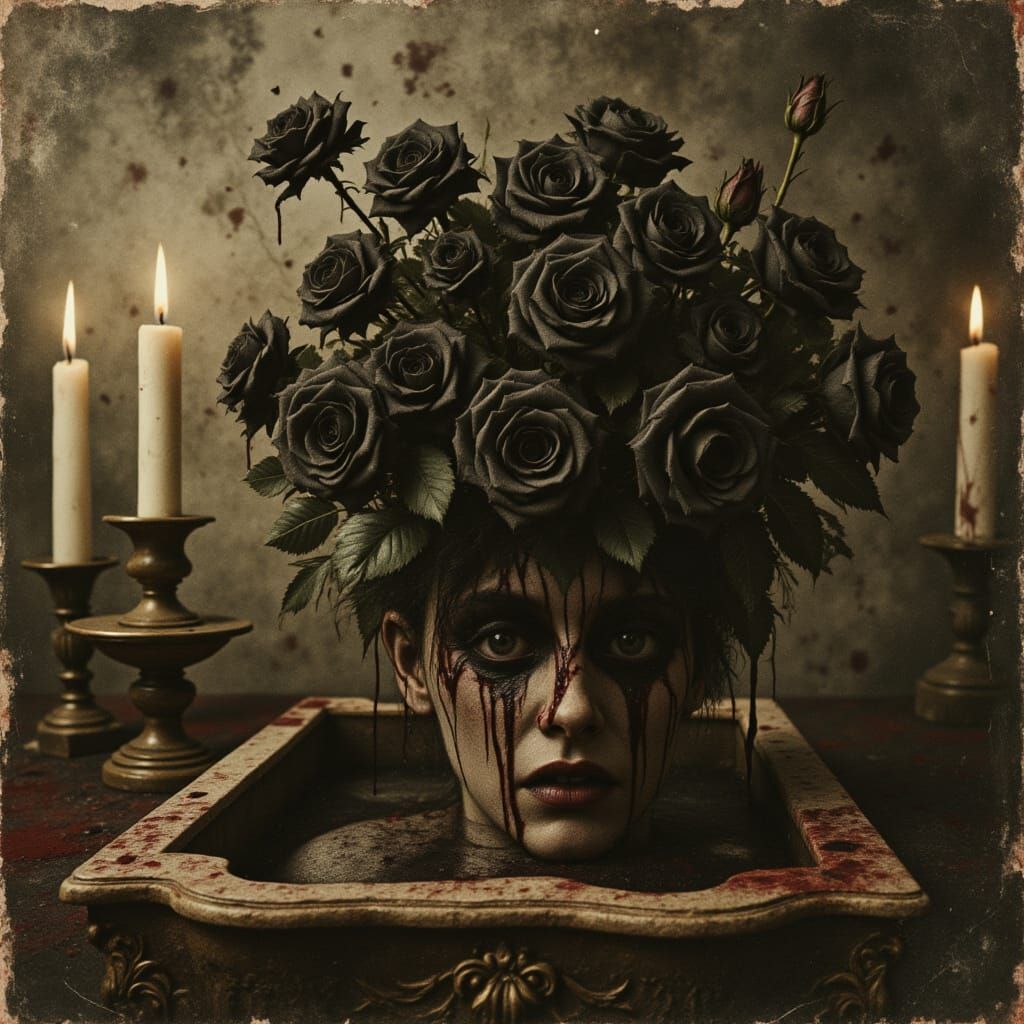 Black Roses Erupting From Antique Coffin