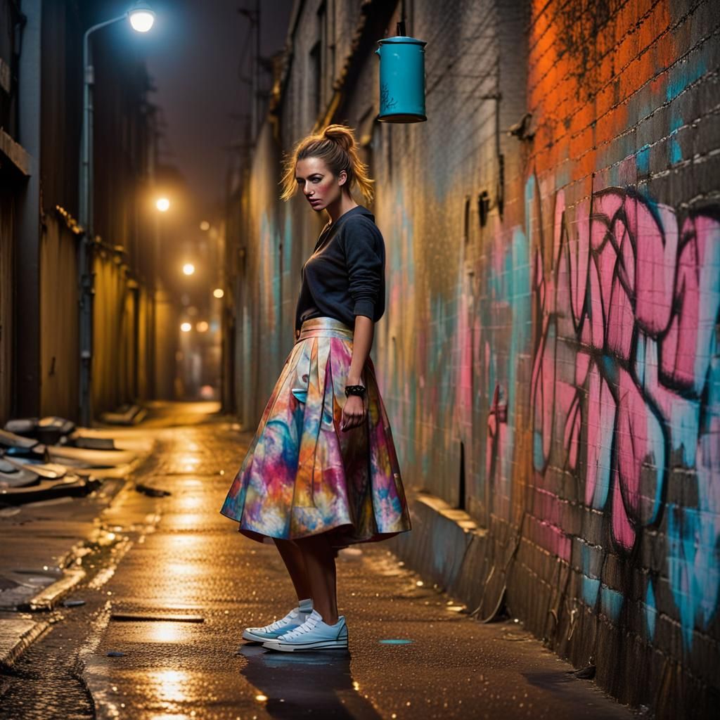 Woman Writing Graffiti in Rain-Soaked Alleyway