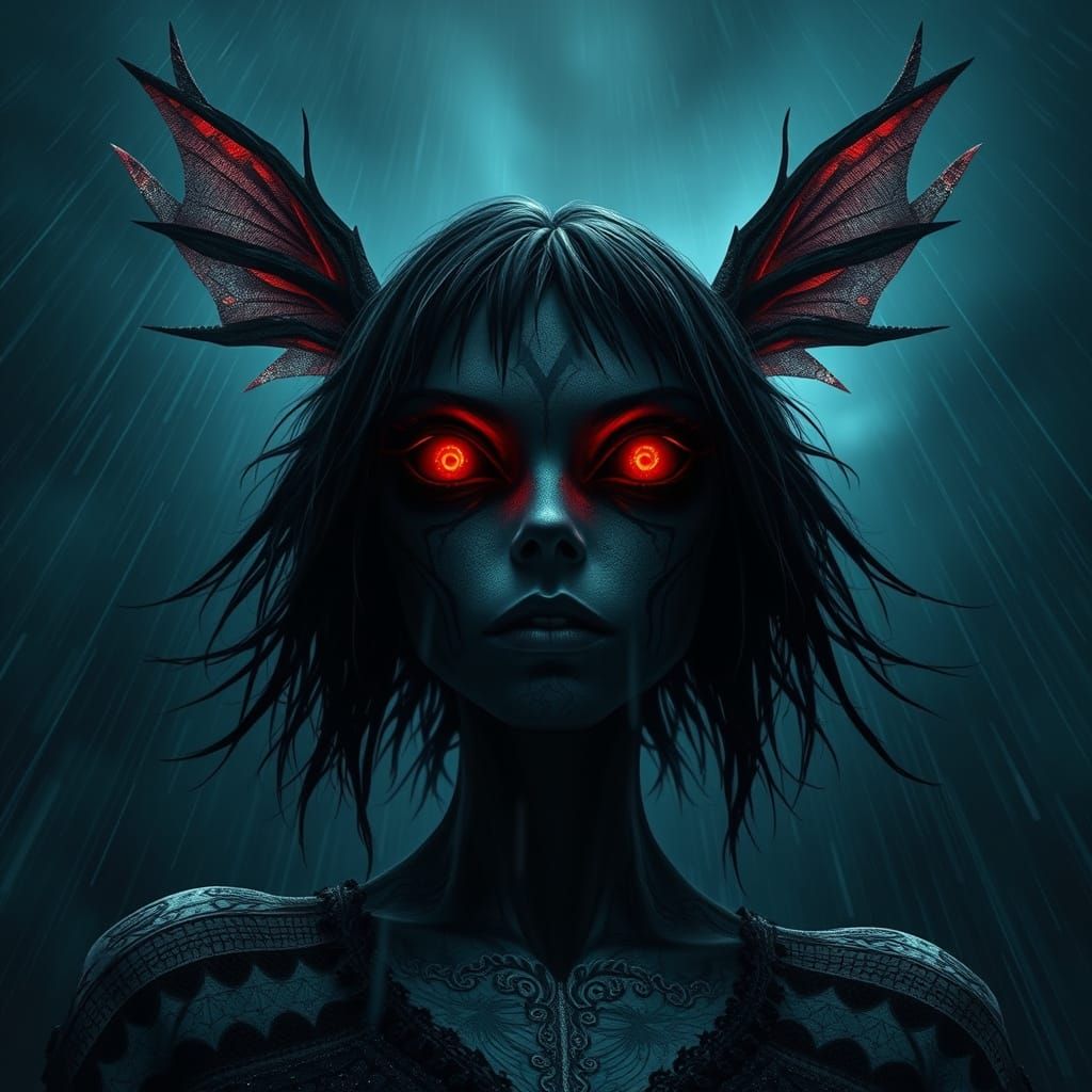 Menacing Dark Silhouette with Red Eyes in Hyperrealism