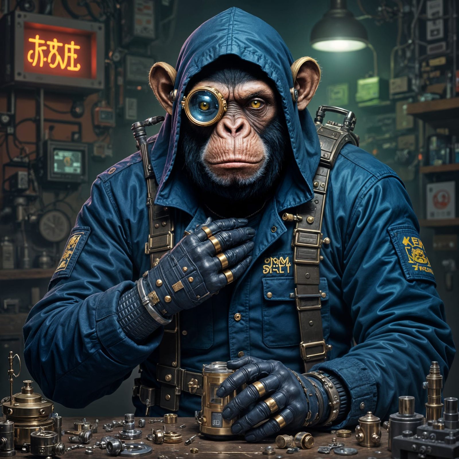 Cyberpunk Ape Arcade Repair Tech with Tools