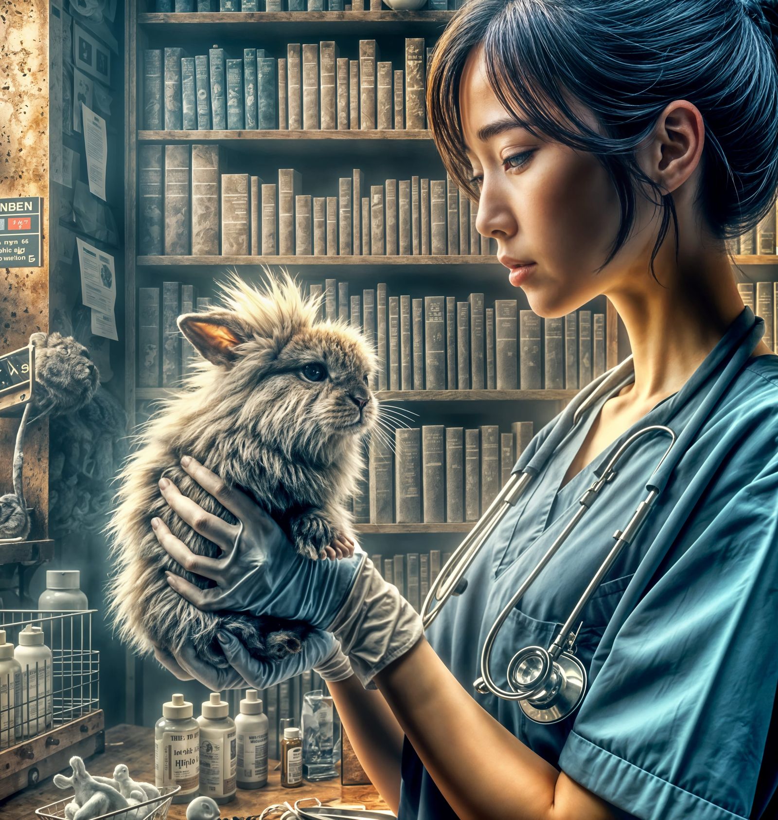 Cozy Veterinary Scene with Lionhead Rabbit in HDR