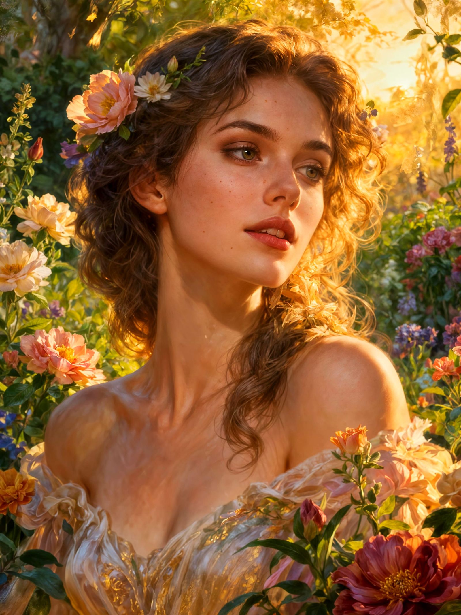 Woman Surrounded by Flowers in Dreamy Golden Hour Light