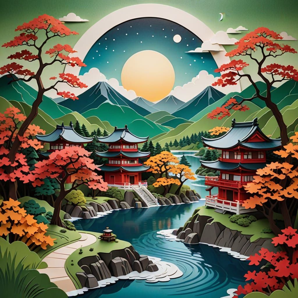Serene Japanese Kirigami Landscape with Reflective Water