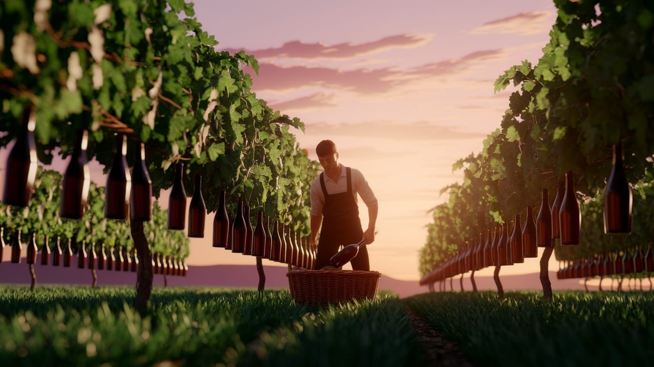 Fantastical Vineyard Scene with Worker at Sunset
