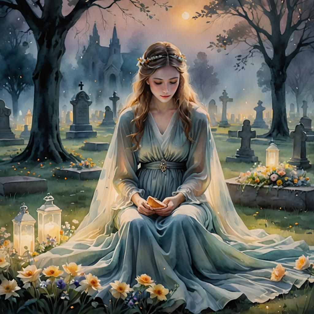 Ethereal Picnic with Ghost in Watercolor Style