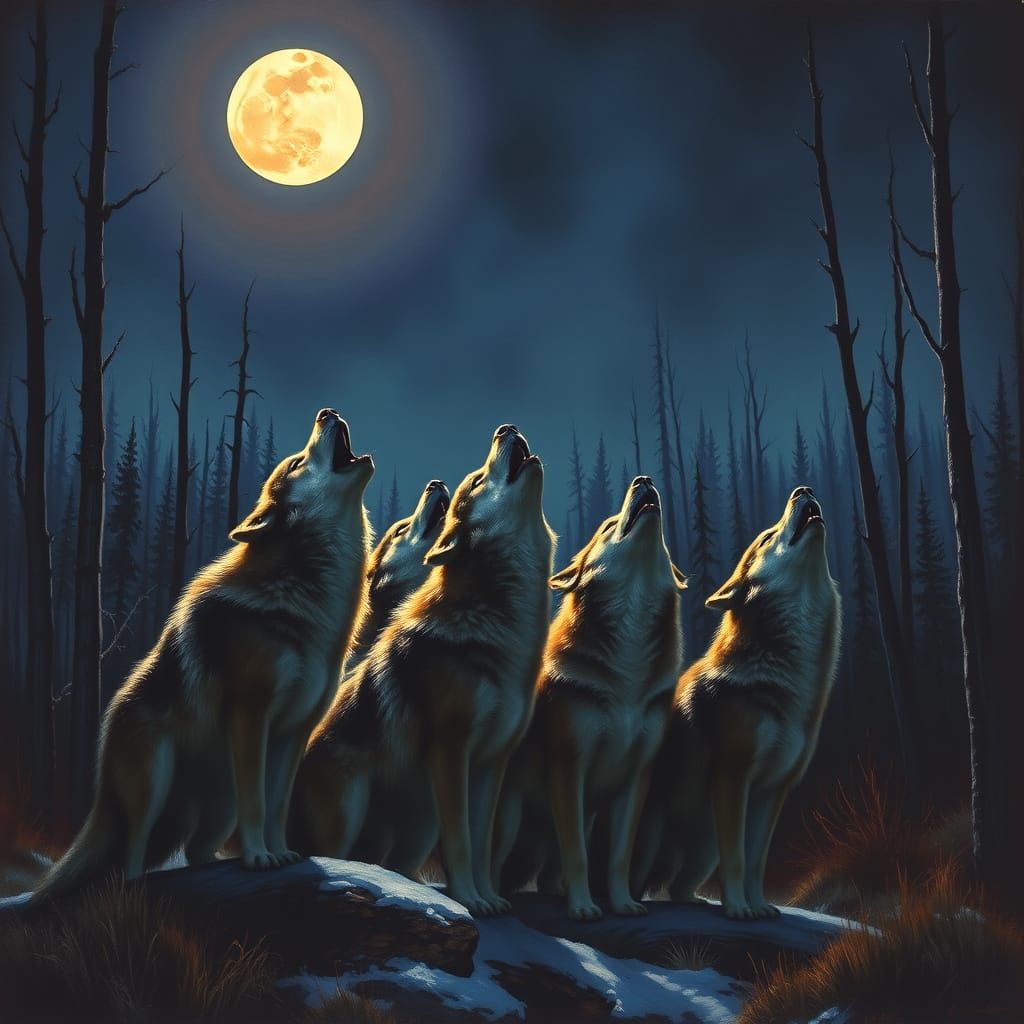 Wolves Howling at Moon in Realistic Wildlife Scene