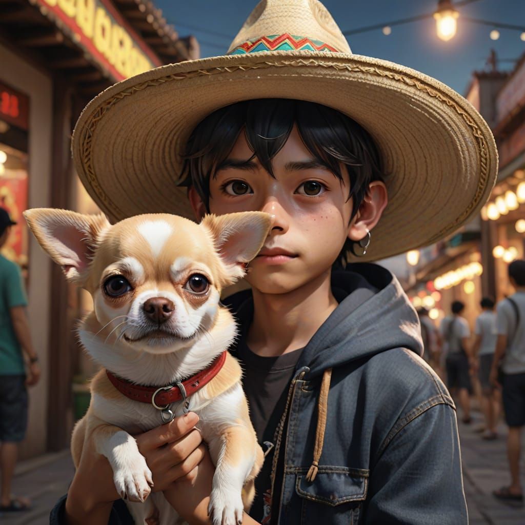 Boy and Chihuahua in Sombreros: Photorealistic 8K