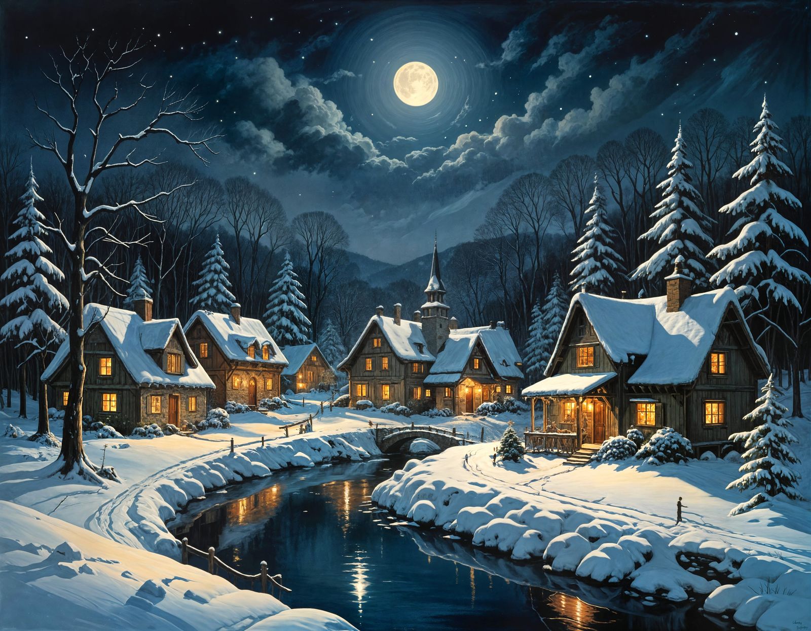 Snowy Village Nightscape in Ardennes Forest