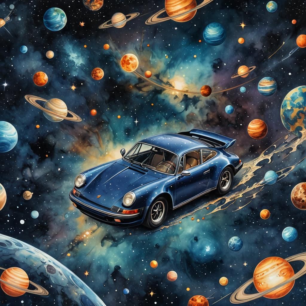 Porsche in Space: Watercolour and Ink Splash Art