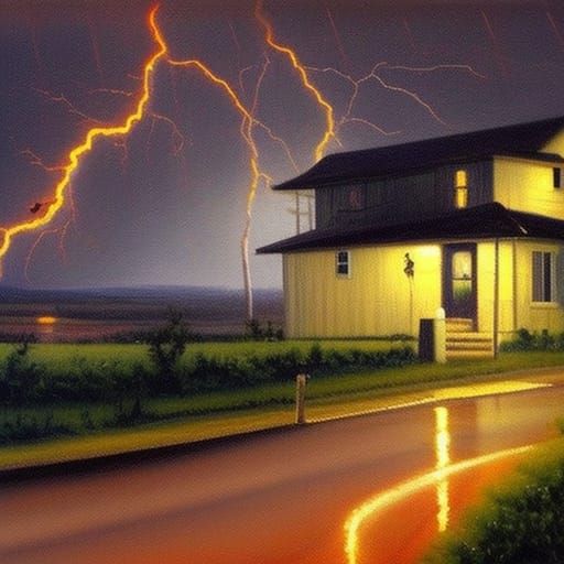 Rainy Night House as Oil Painting