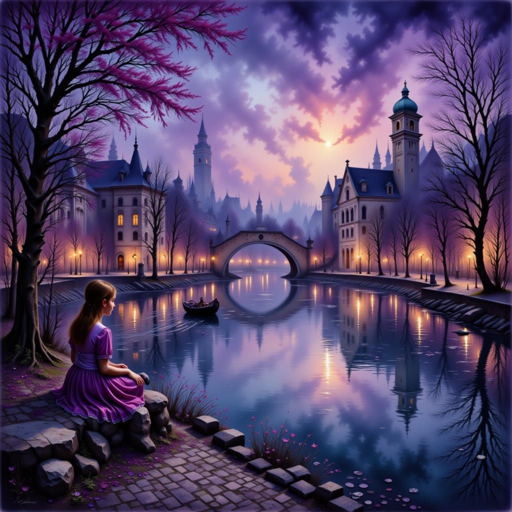 Venice City Lights Reflected in River, Impasto Style