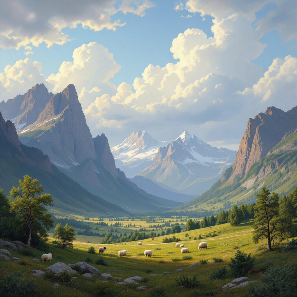 Classical Oil Painting of a Serene Mountain Landscape