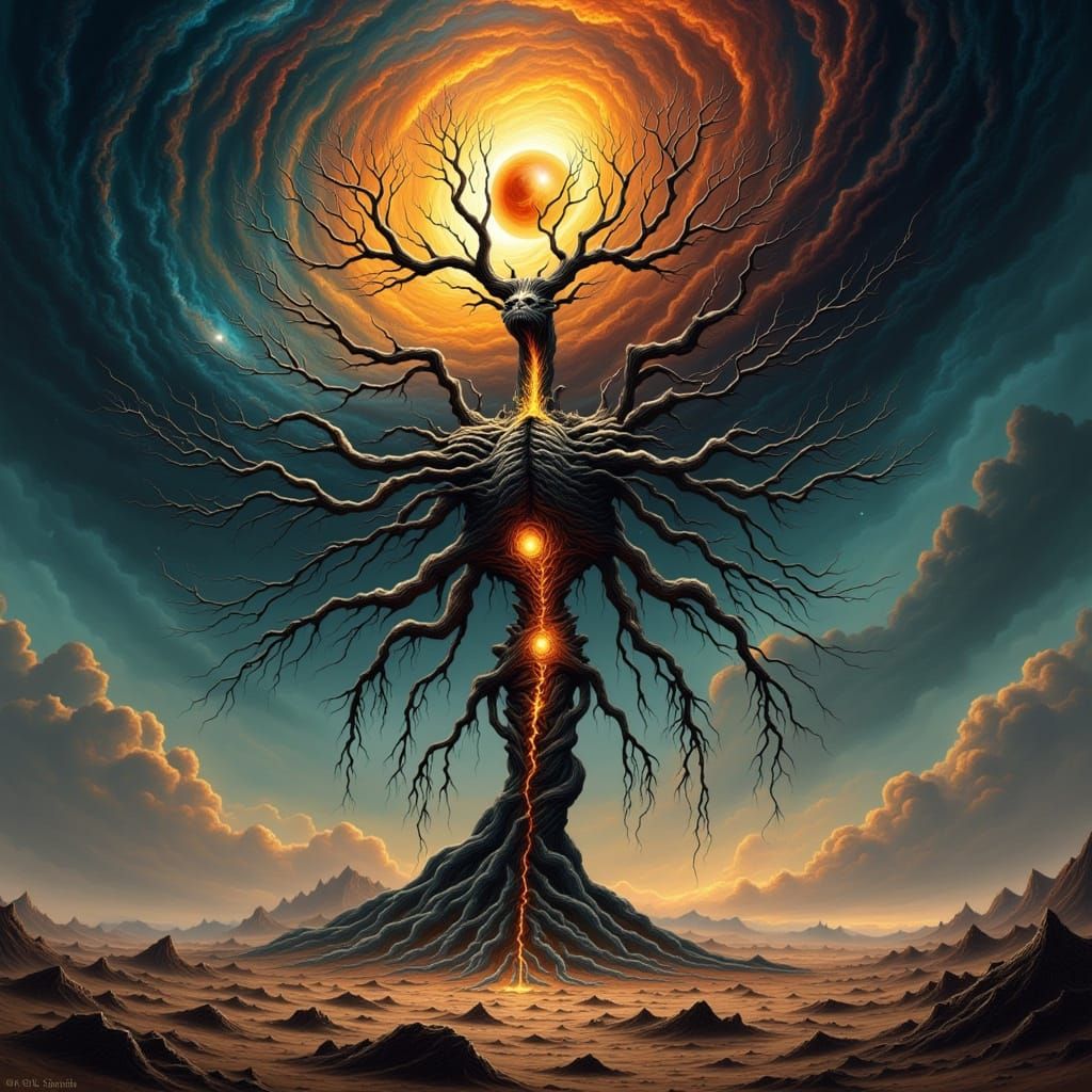 <lora:fromflame:1.0> A colossal, biomechanical tree spirit