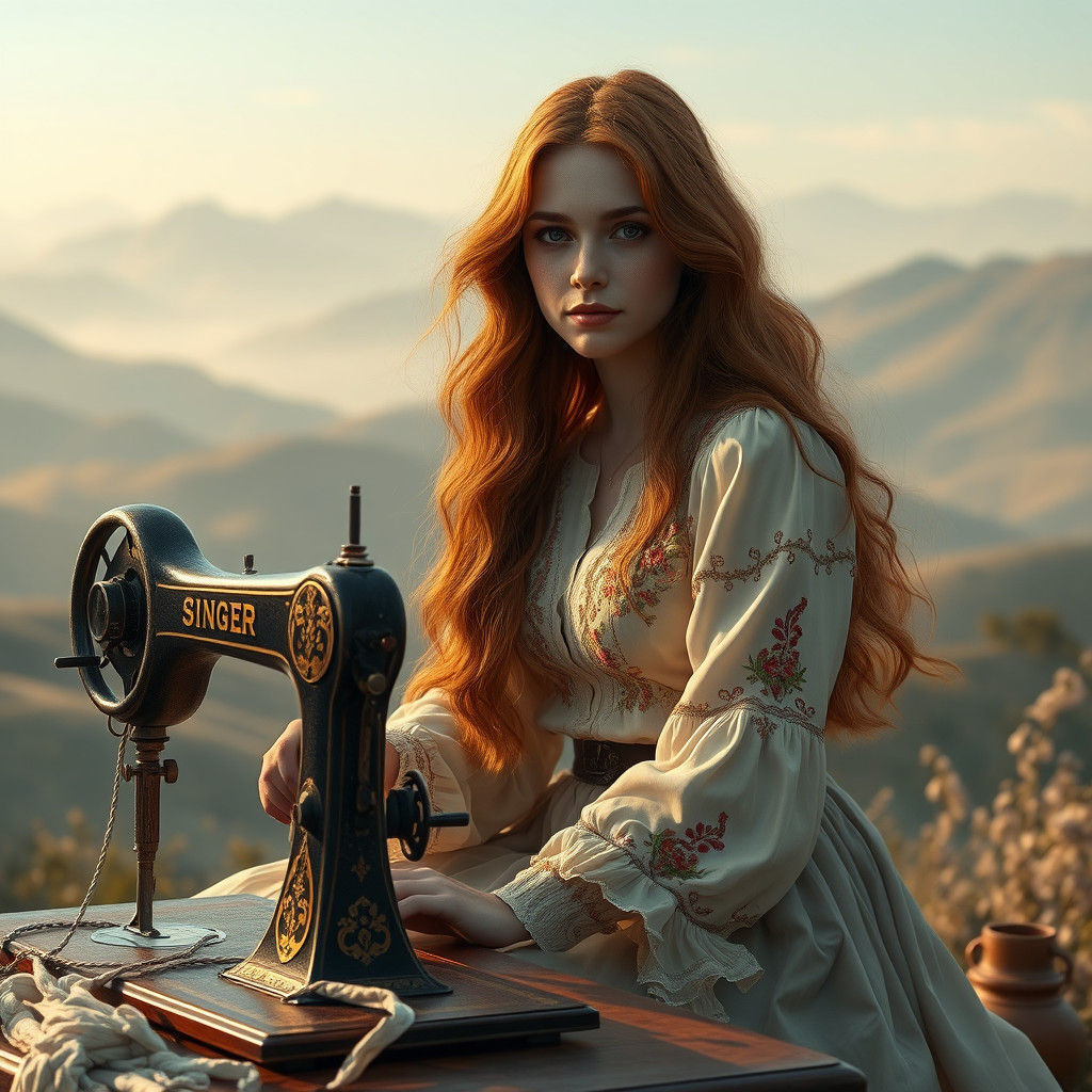 Woman at Vintage Sewing Machine in Dreamlike Landscape