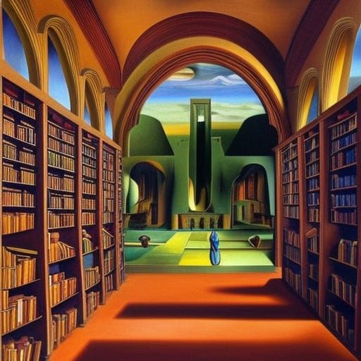 Surreal Library Interior in Salvador Dali Style