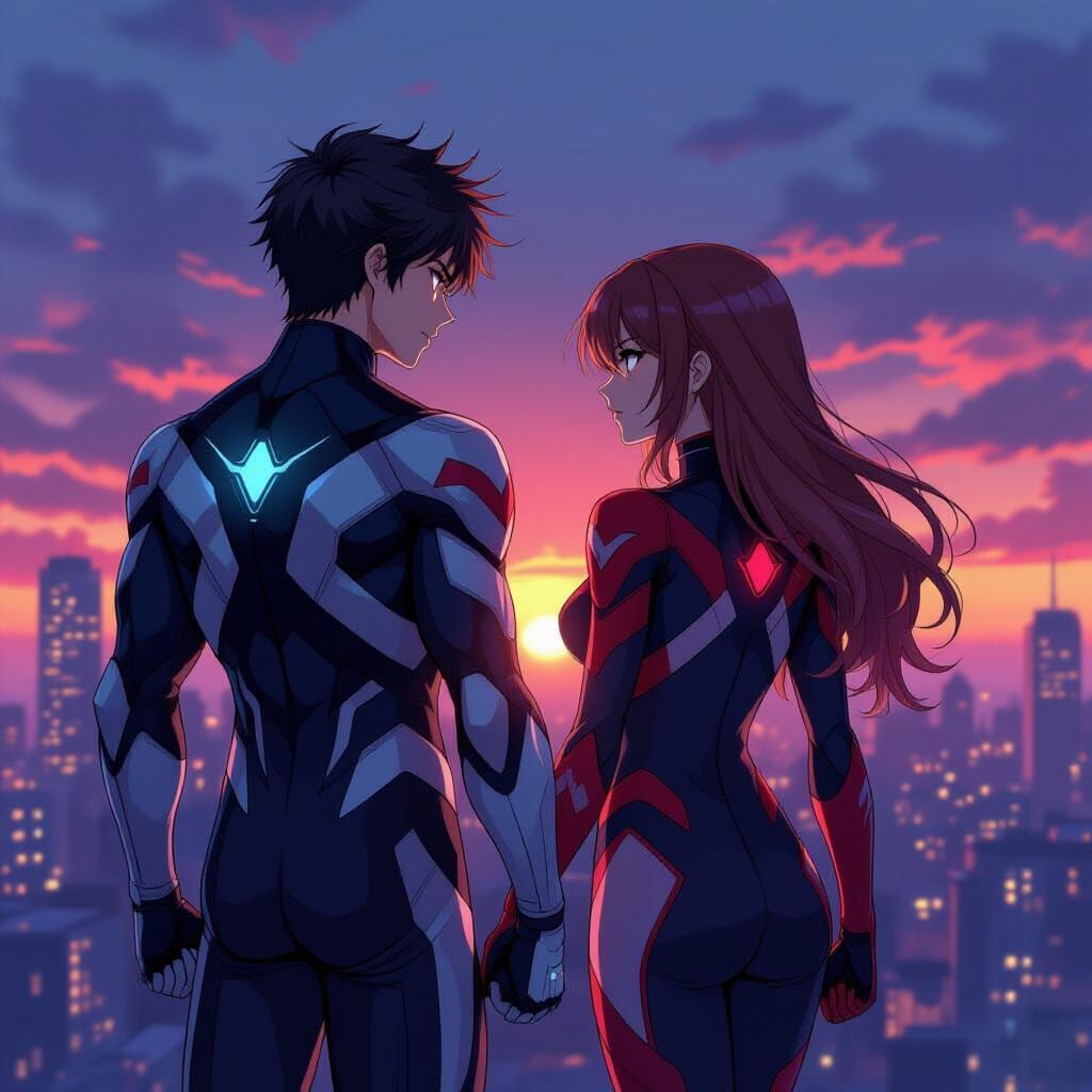 Stoic Heroes Amidst Cityscape Dusk in Anime Style
