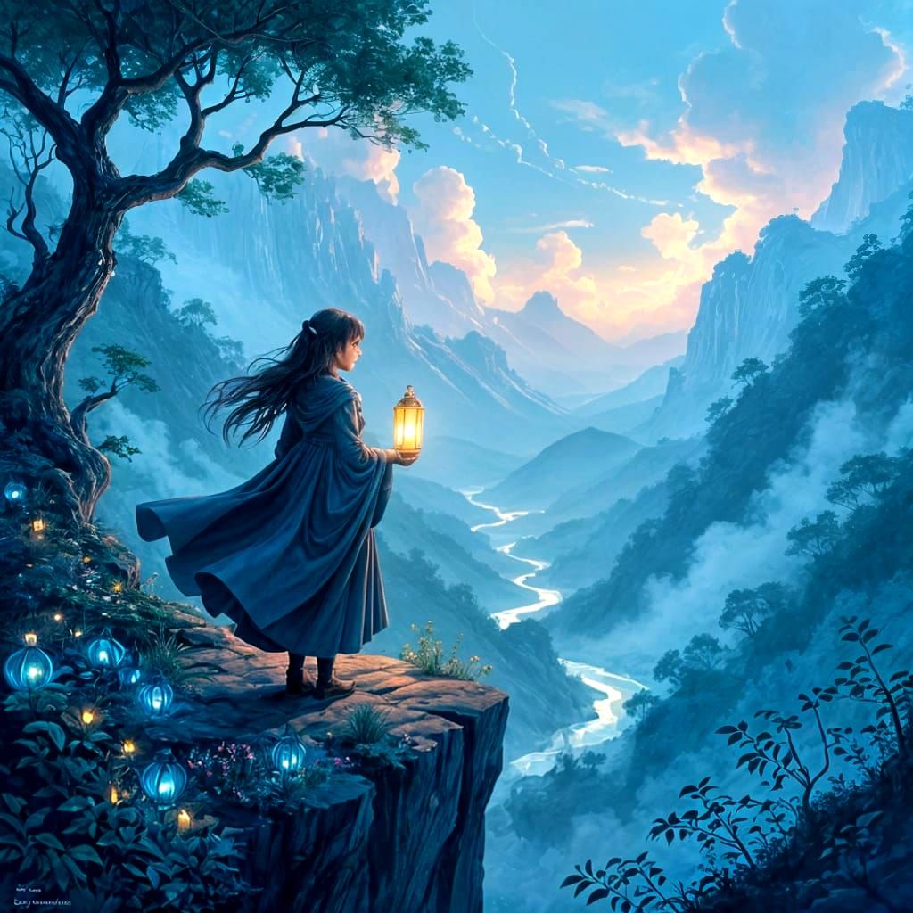 Ethereal Girl with Lantern Over Bioluminescent Valley