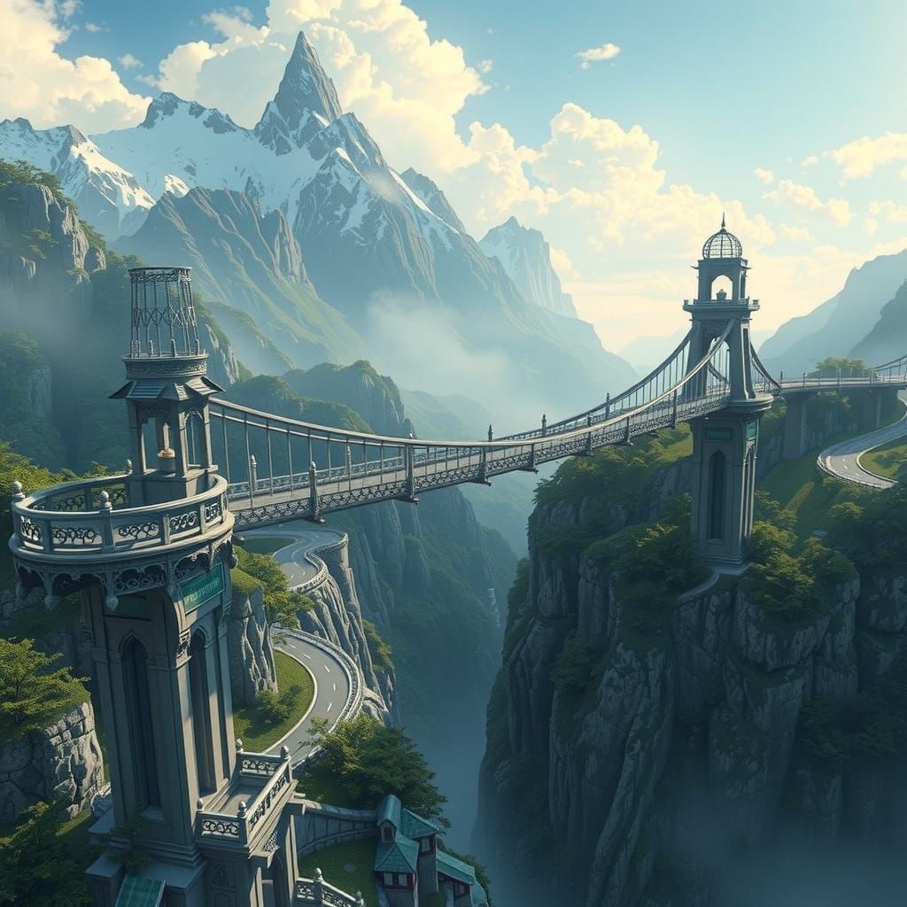 Ethereal Mountain Bridge with Gilded Lanterns