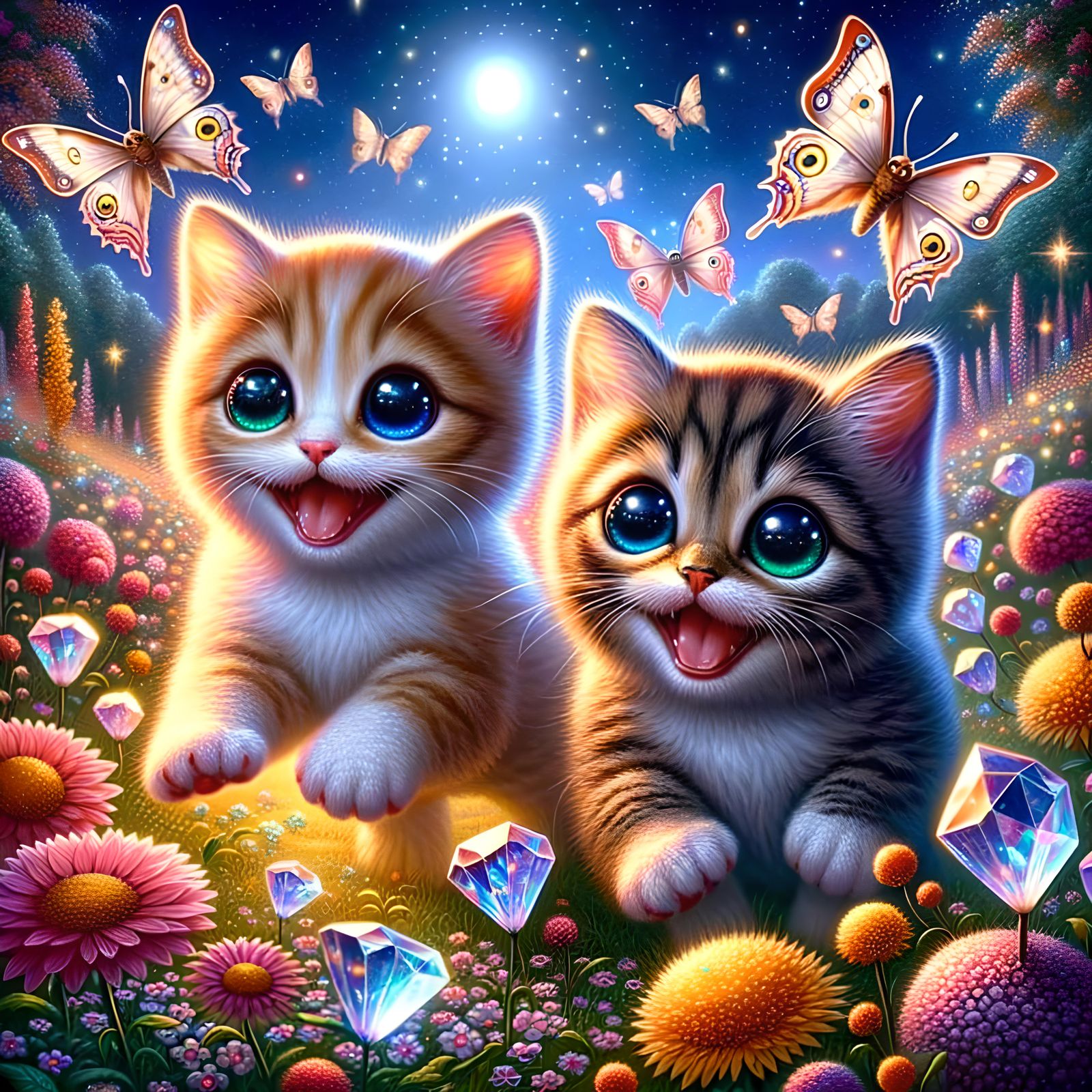 Kittens Play in a Blooming Meadow: Impressionist Oil Paintin...