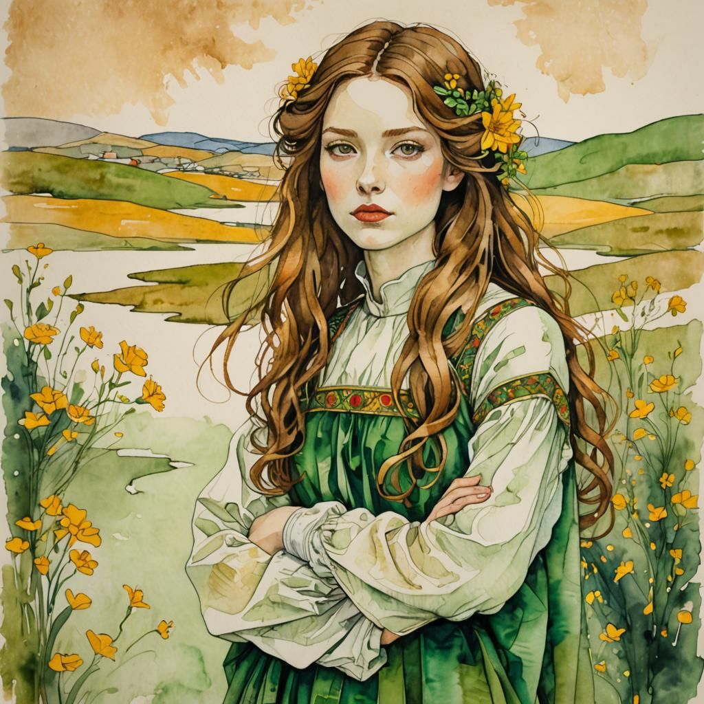 Elegant Woman in Flowing Gown: Watercolor Art Nouveau