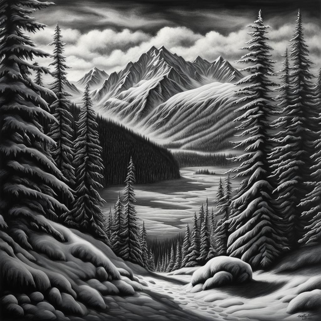 Alaska Springtime: Hyperdetailed Charcoal Drawing
