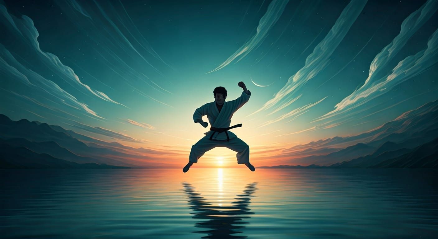 Karate Master Leaps Before Ancient Chinese Painting