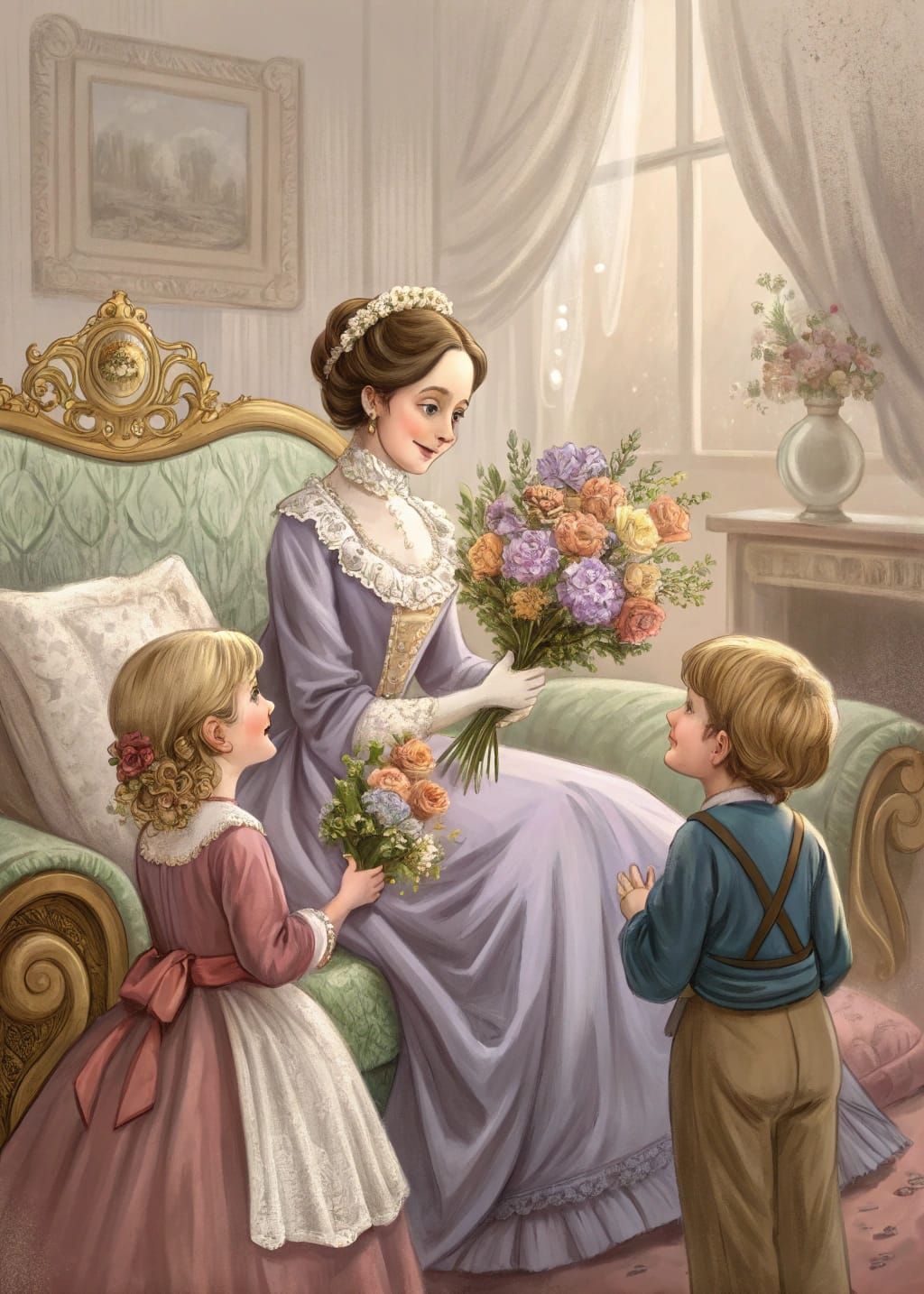Victorian Mother Receives Bouquet in Elegant Parlor