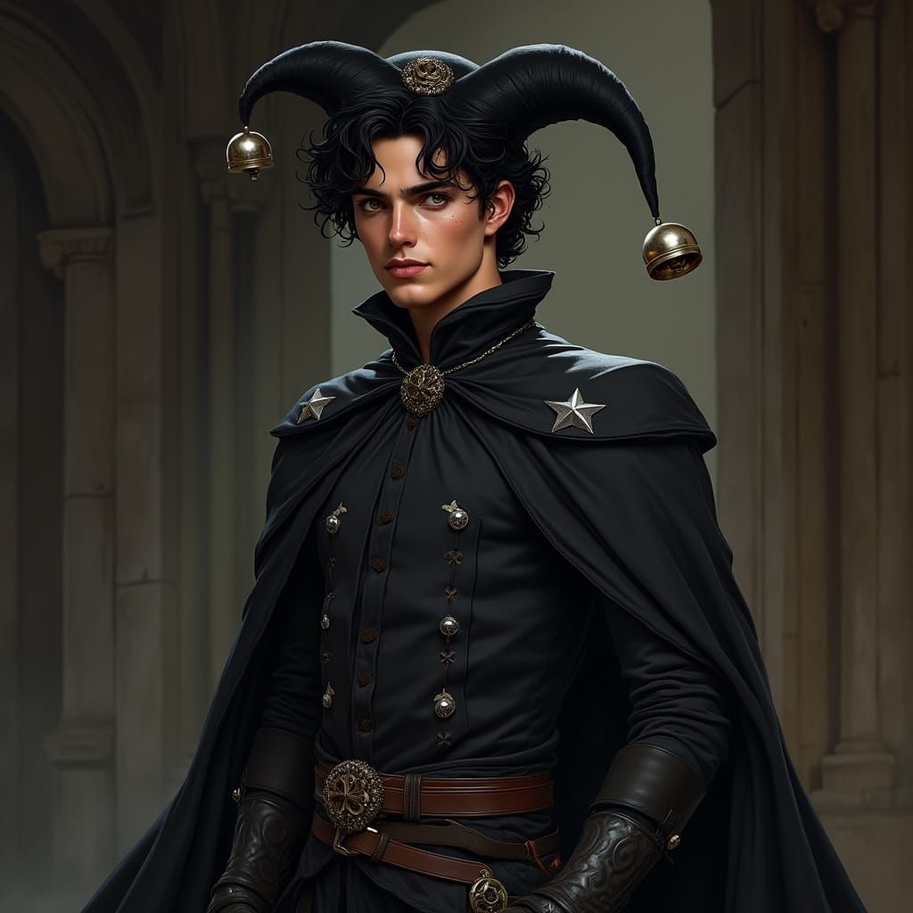 Confident Medieval Clown Exudes Charisma in Elegant Setting