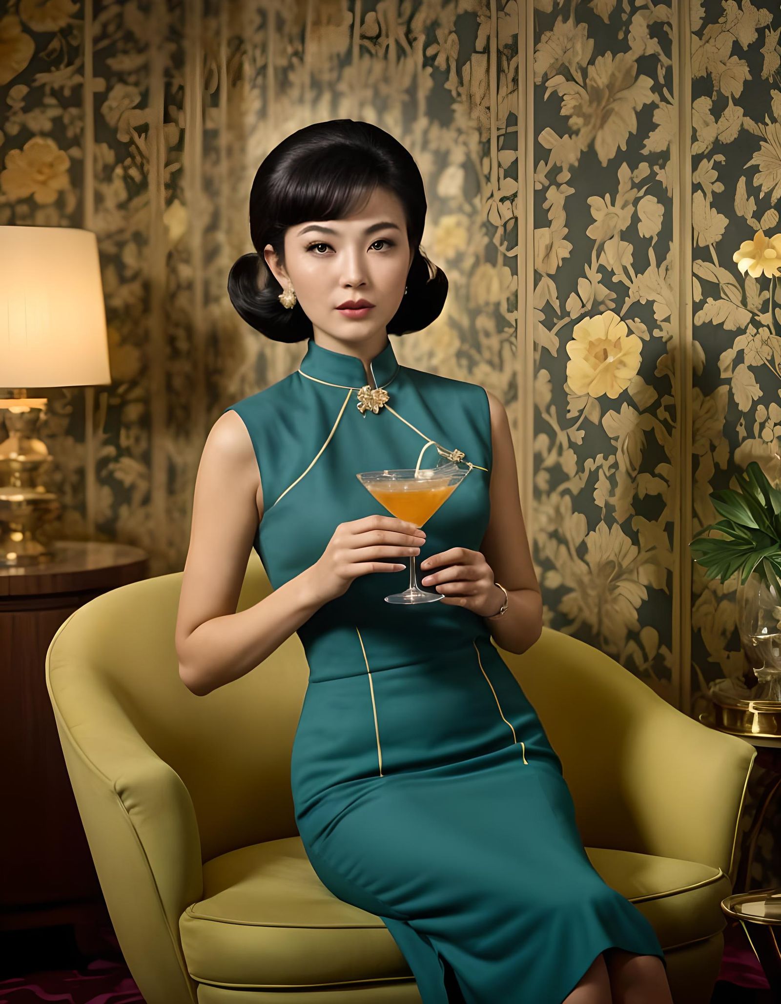 Retro Asian Woman in Mid-Century Living Room