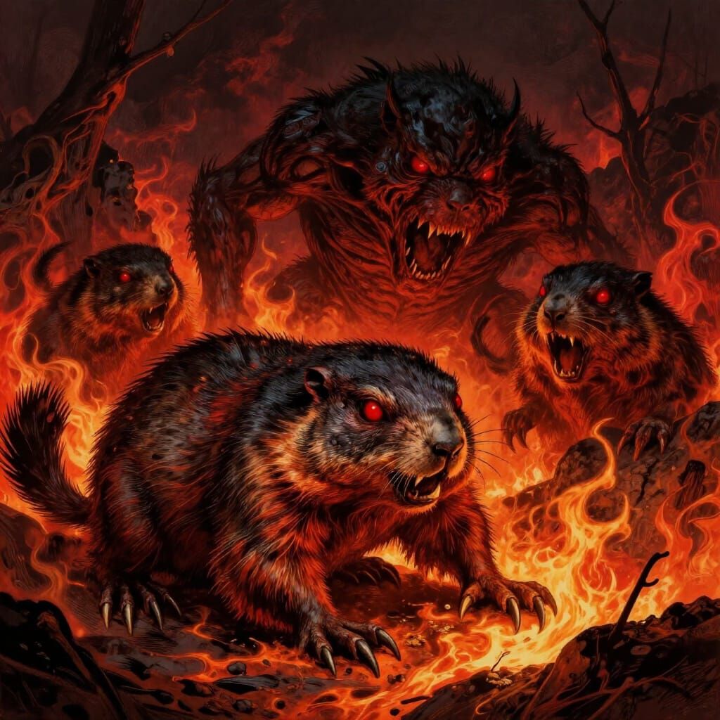 Hellish Groundhogs Emerge from Fiery Landscape in Dark Fanta...